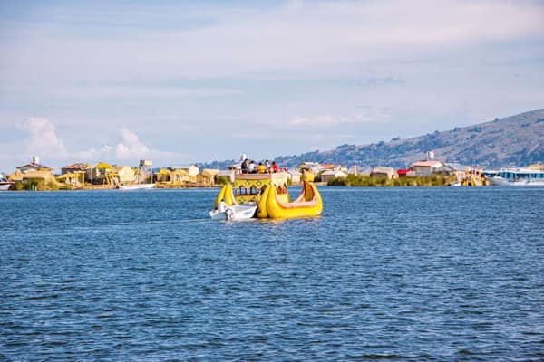 Isla del Sol on Lake Titicaca, seen from a traditional reed boat